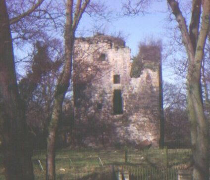 Castle Cathcart.  View of Castle from Court Knowe in April 1978.