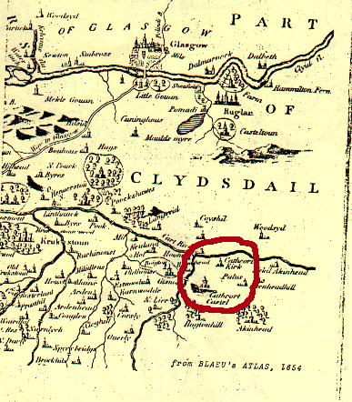 Cathcart (circa 1654): Map indicates general area of Cathcart, taken from Blaeu's Atlas (1654)